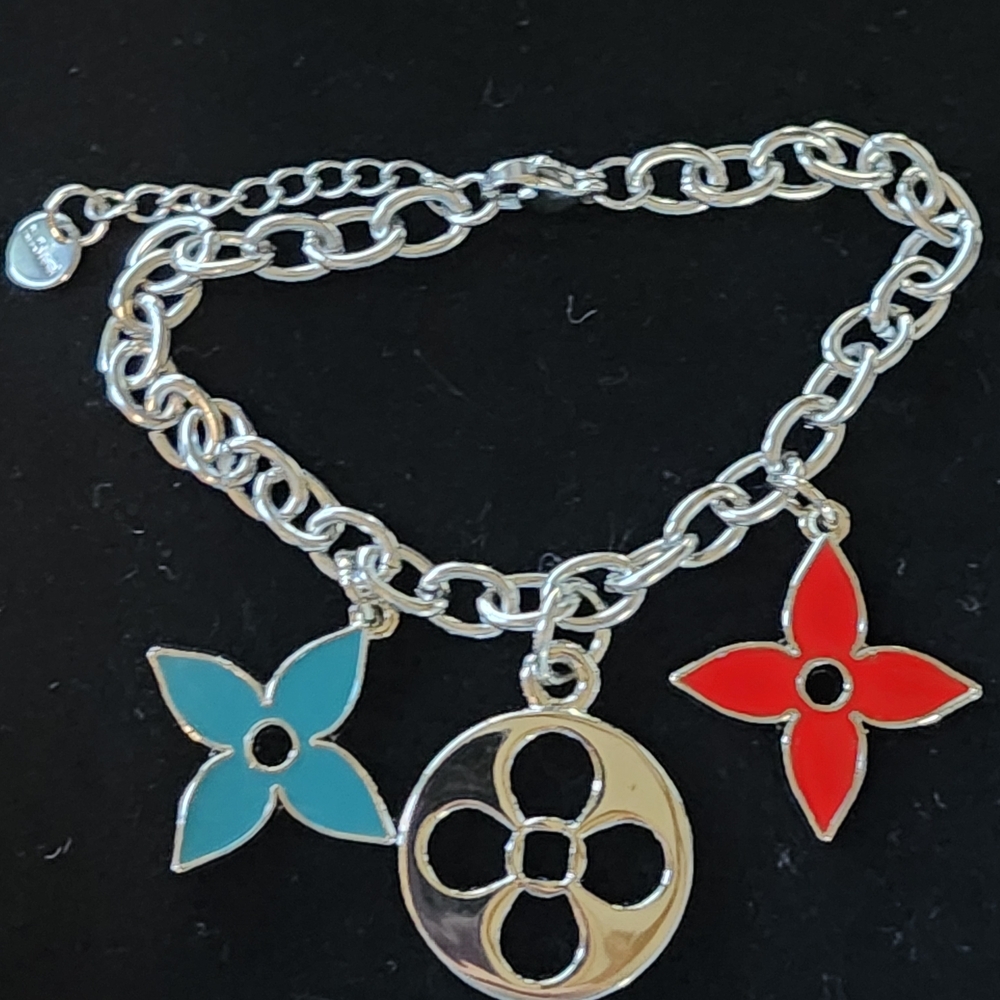 Upcycled Sterling Silver Upcycled Charm Bracelet with Red and Blue Accents #36